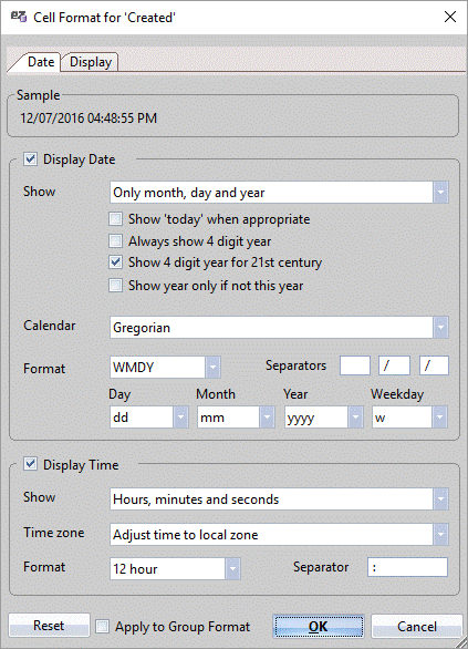 'Cell Format' dialog for a Time/Date-type column