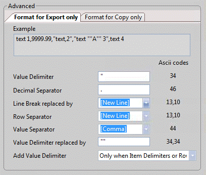 The CSV tab 'Advanced' options