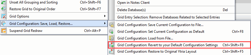 'Grid Configuration: Revert to your Default Configuration Settings' - menu