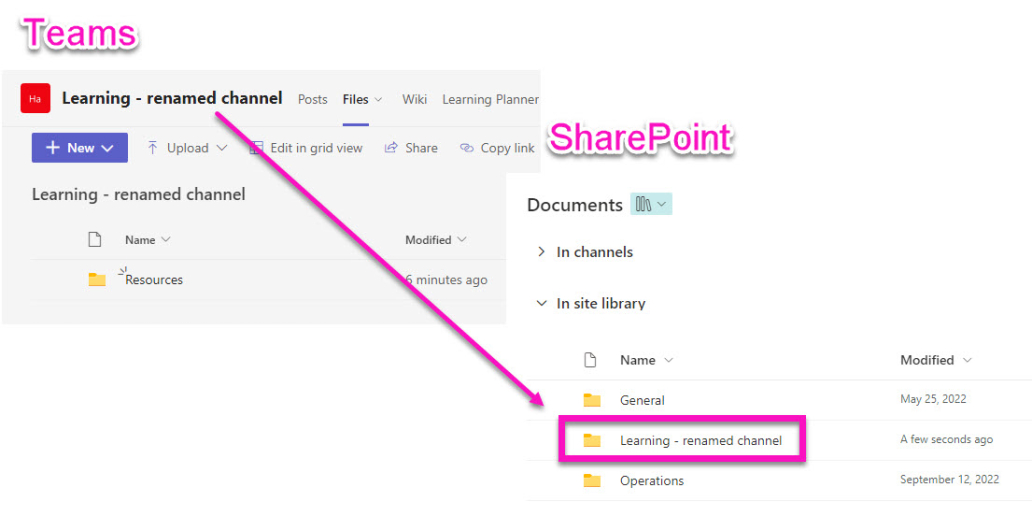 Change a channel name in Teams and see its folder name change in SharePoint