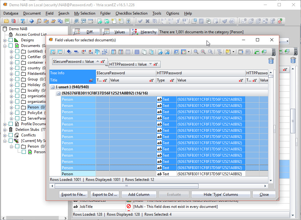 field values for selected documents