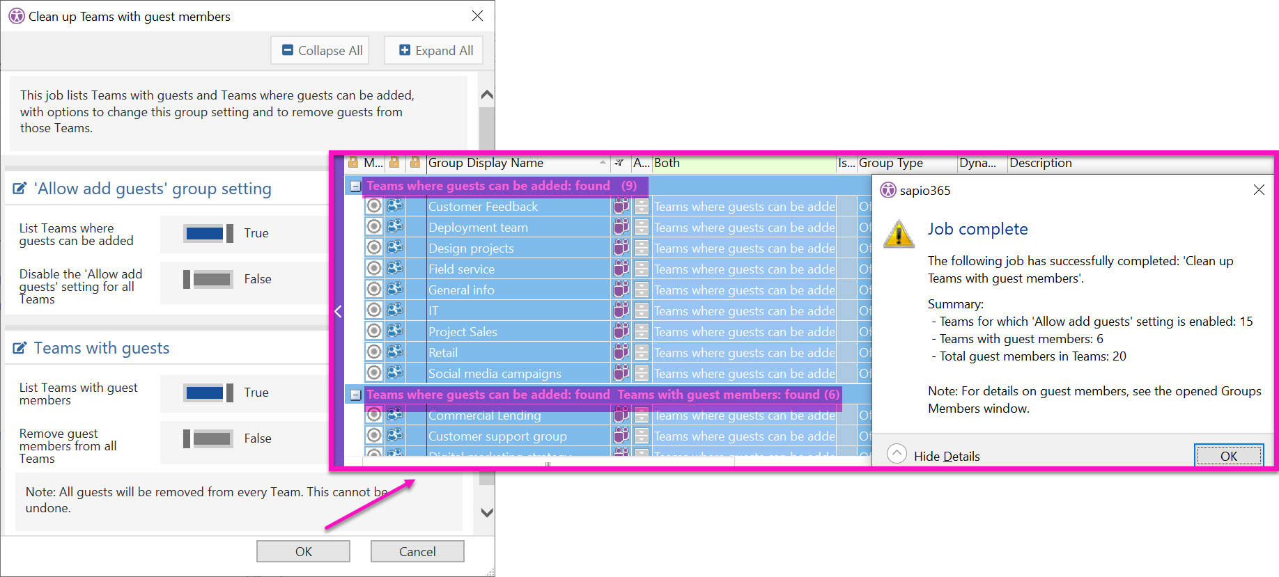 results-job-clean-up-guests-in-teams-sapio365