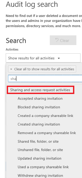 audit log search sharing and access request activities