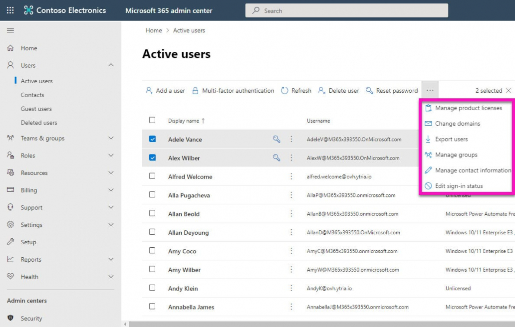 Limited bulk actions in the Microsoft 365 admin portal