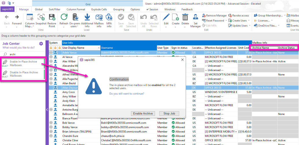 Turn on or off in-place archiving