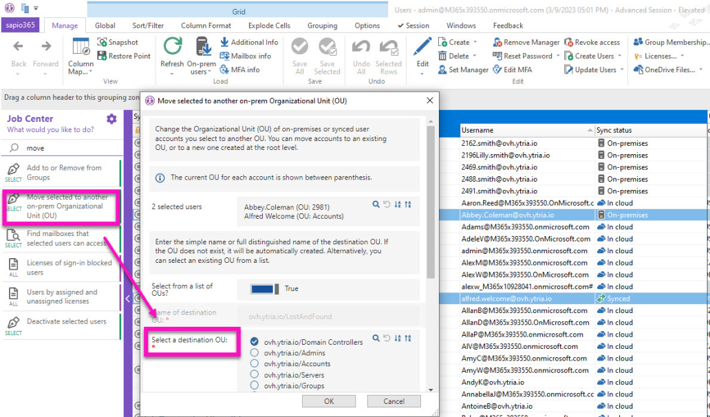 Move on-prem user accounts to a different Organizational Unit (OU) in sapio365