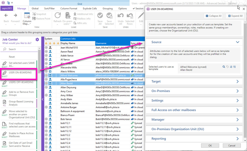 Onboard users on-premises using a template in a few clicks in sapio365