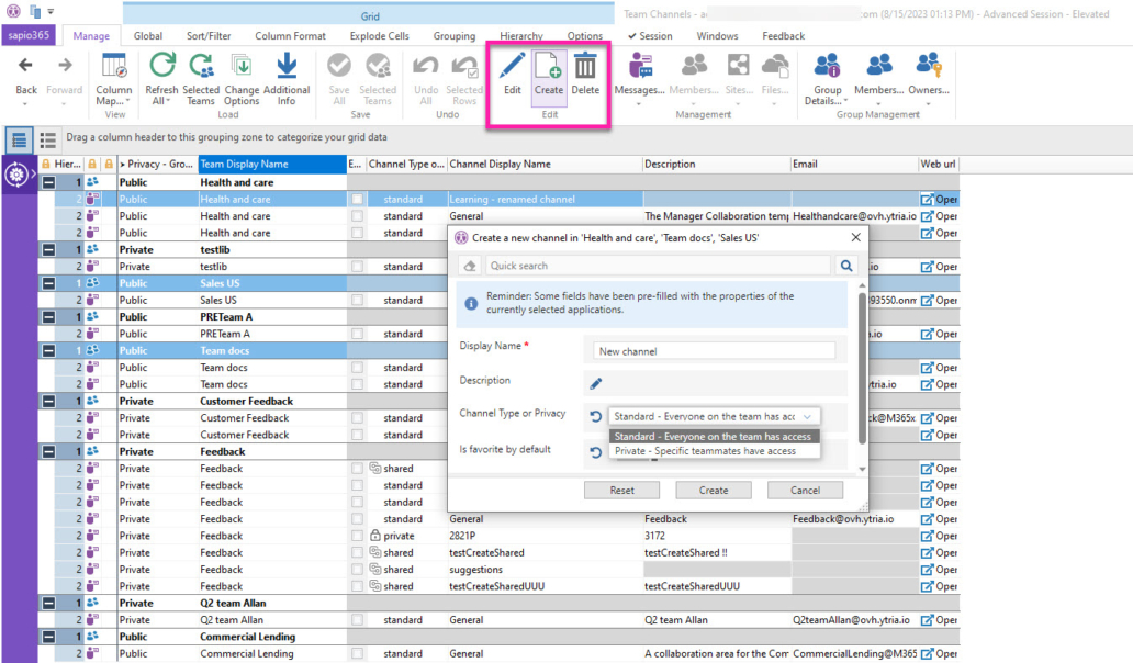 Create and manage standard and private Teams channels with sapio365.