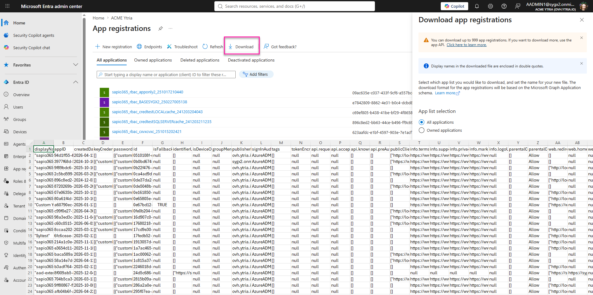 Download a list of app registrations from the Microsoft Entra Admin Center.