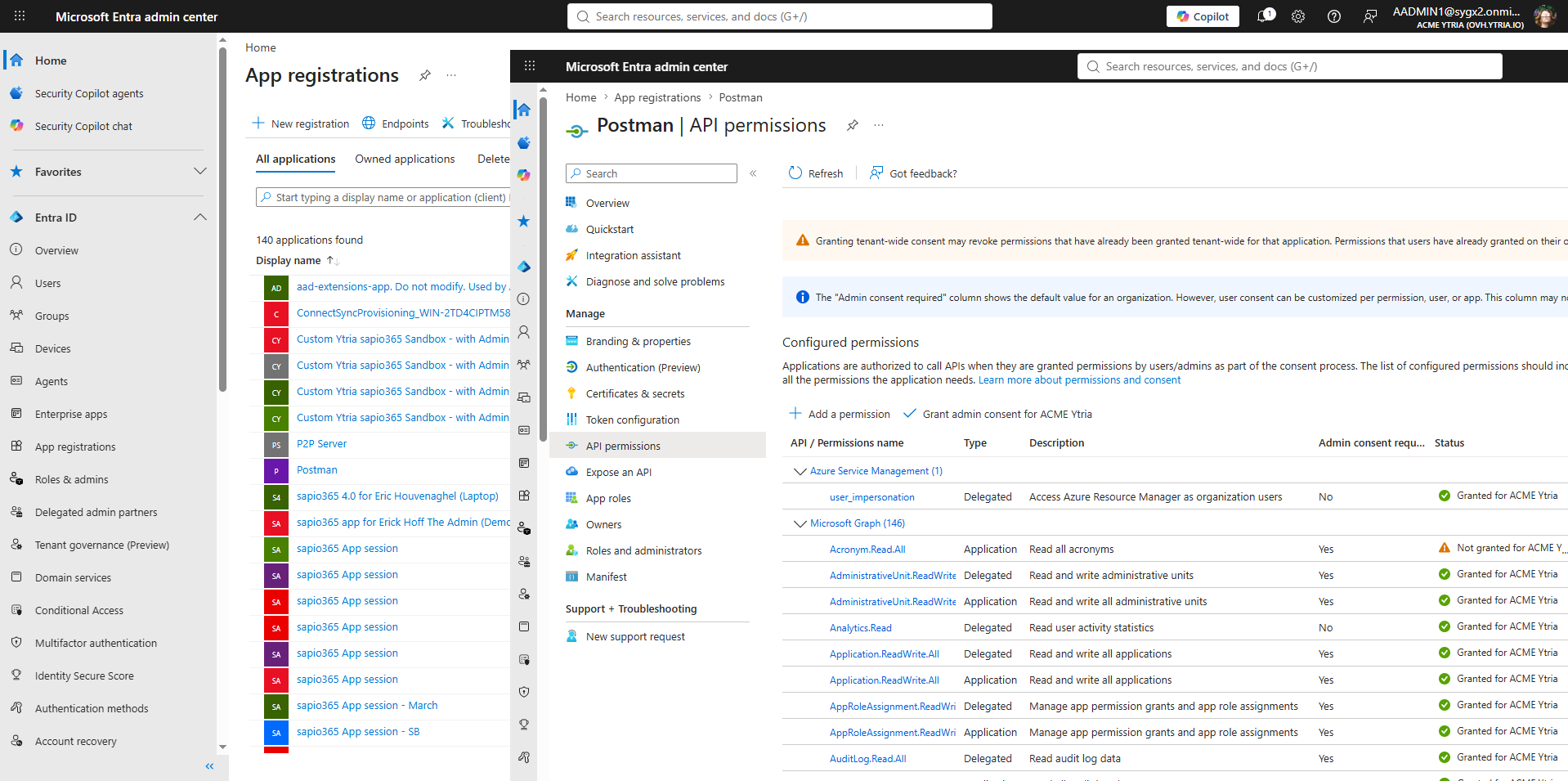 Click each app registration to see its permissions.