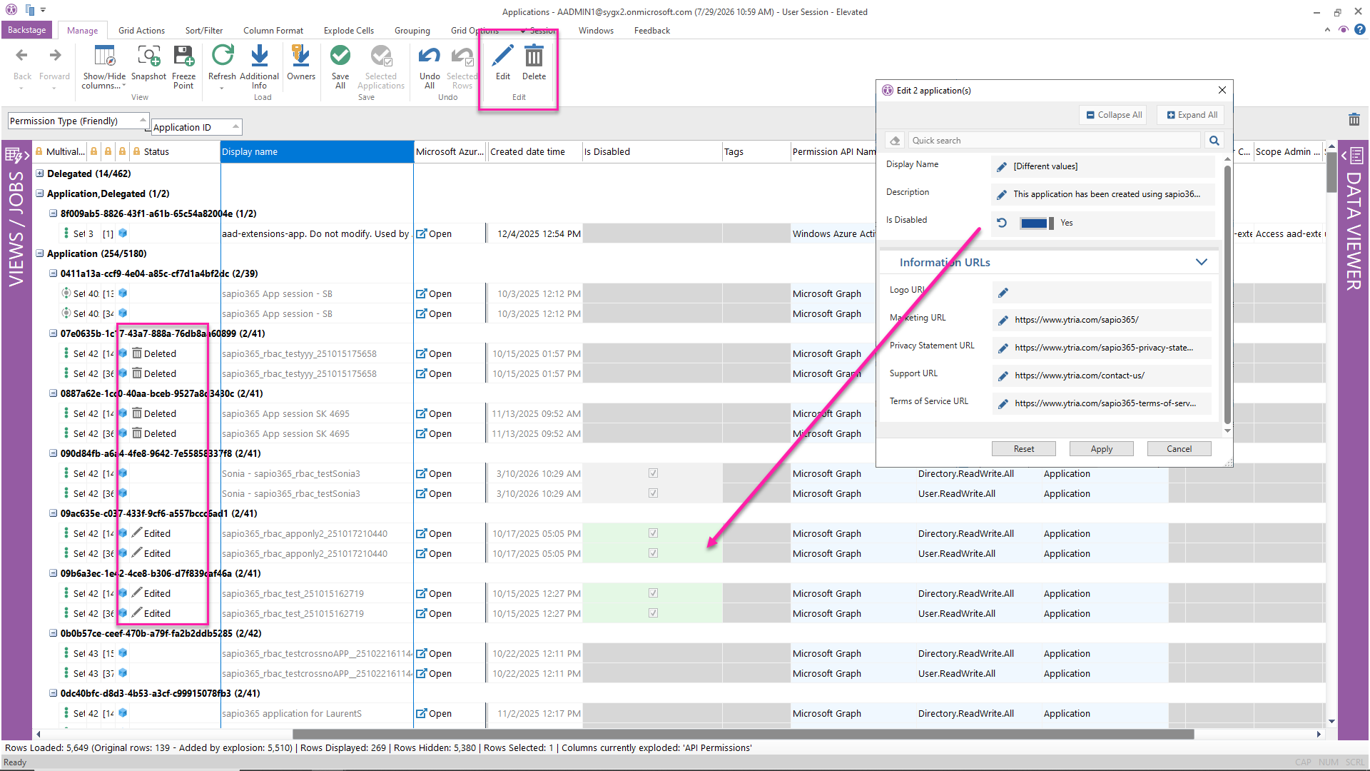 Preview bulk changes like deleting or disabling app registrations in sapio365 before saving them.