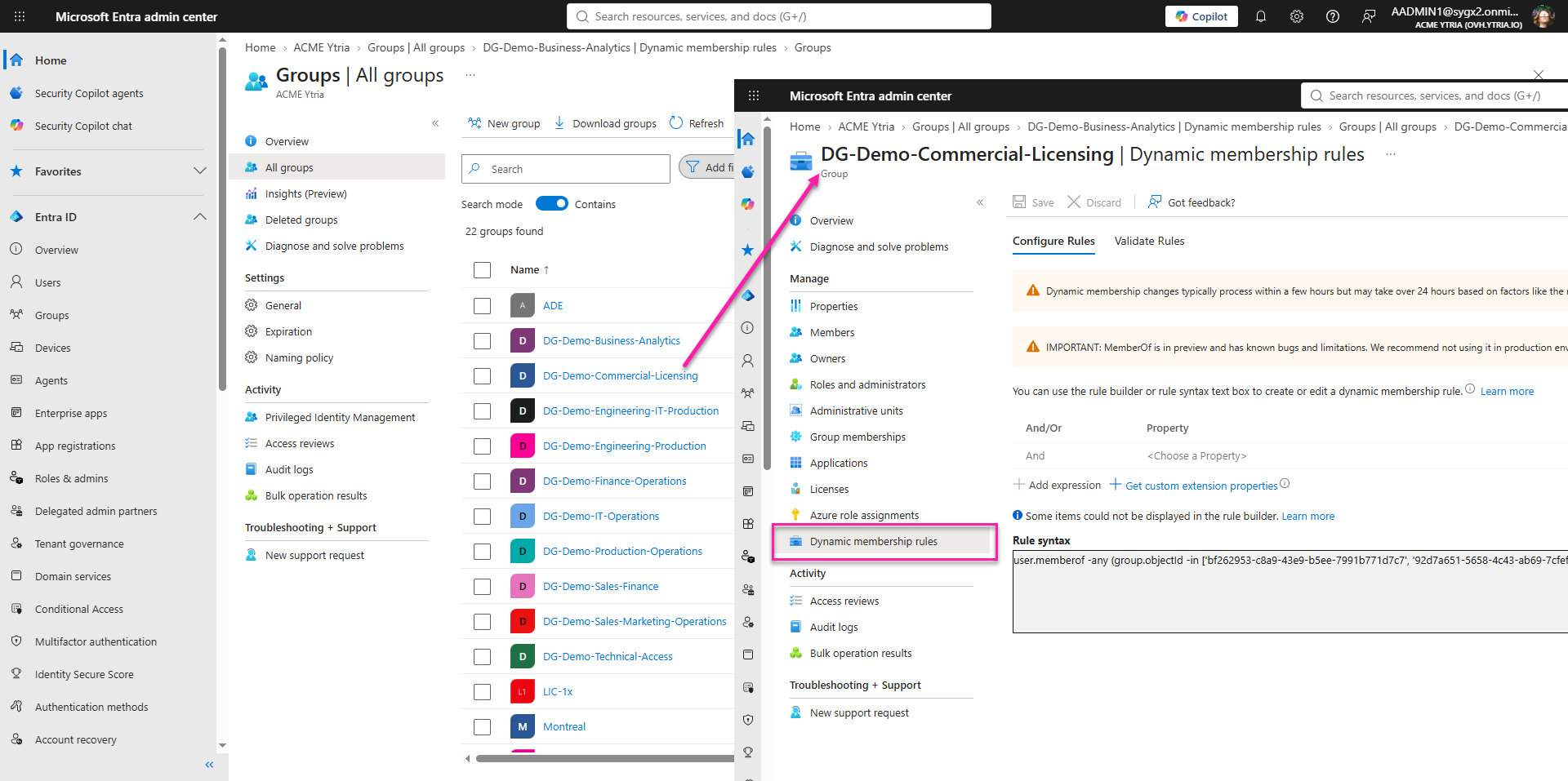Finding the dynamic membership rule details of a group in the Microsoft Entra admin center.