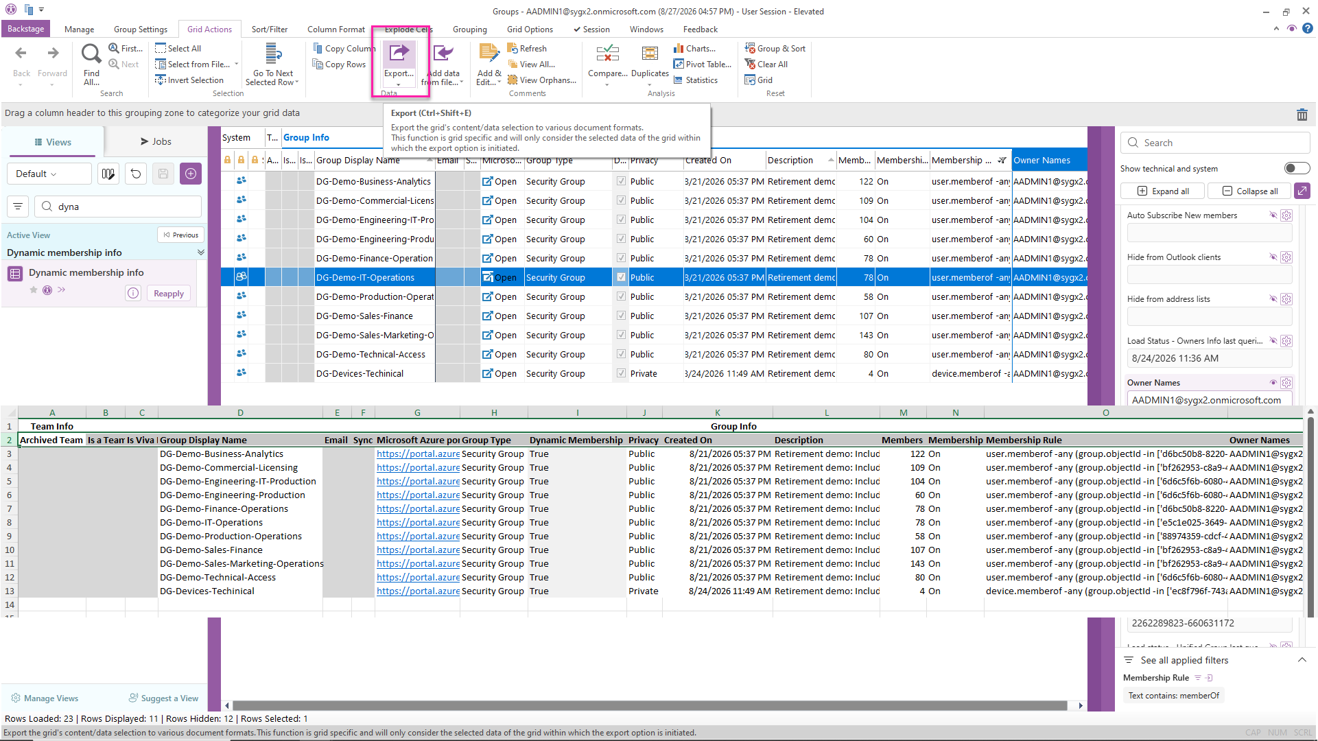 Filtering and arranging Entra dynamic group data in sapio365 to create a custom memberOf rule audit report.