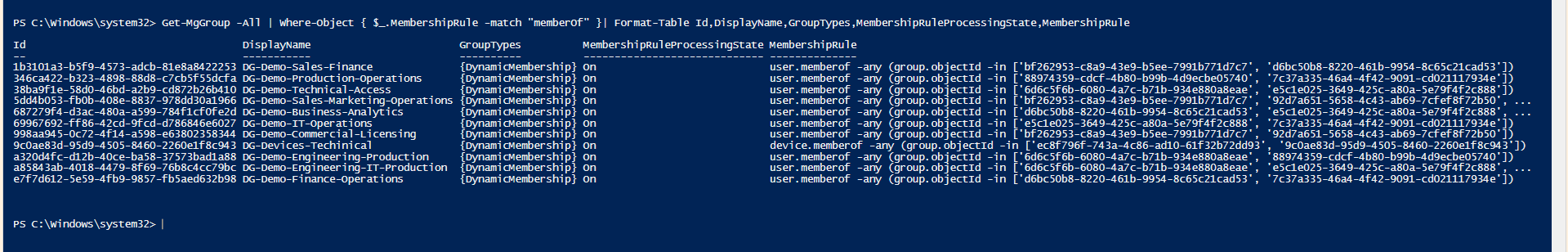 Using Microsoft Graph PowerShell to list Entra dynamic groups with a memberOf membership rule.