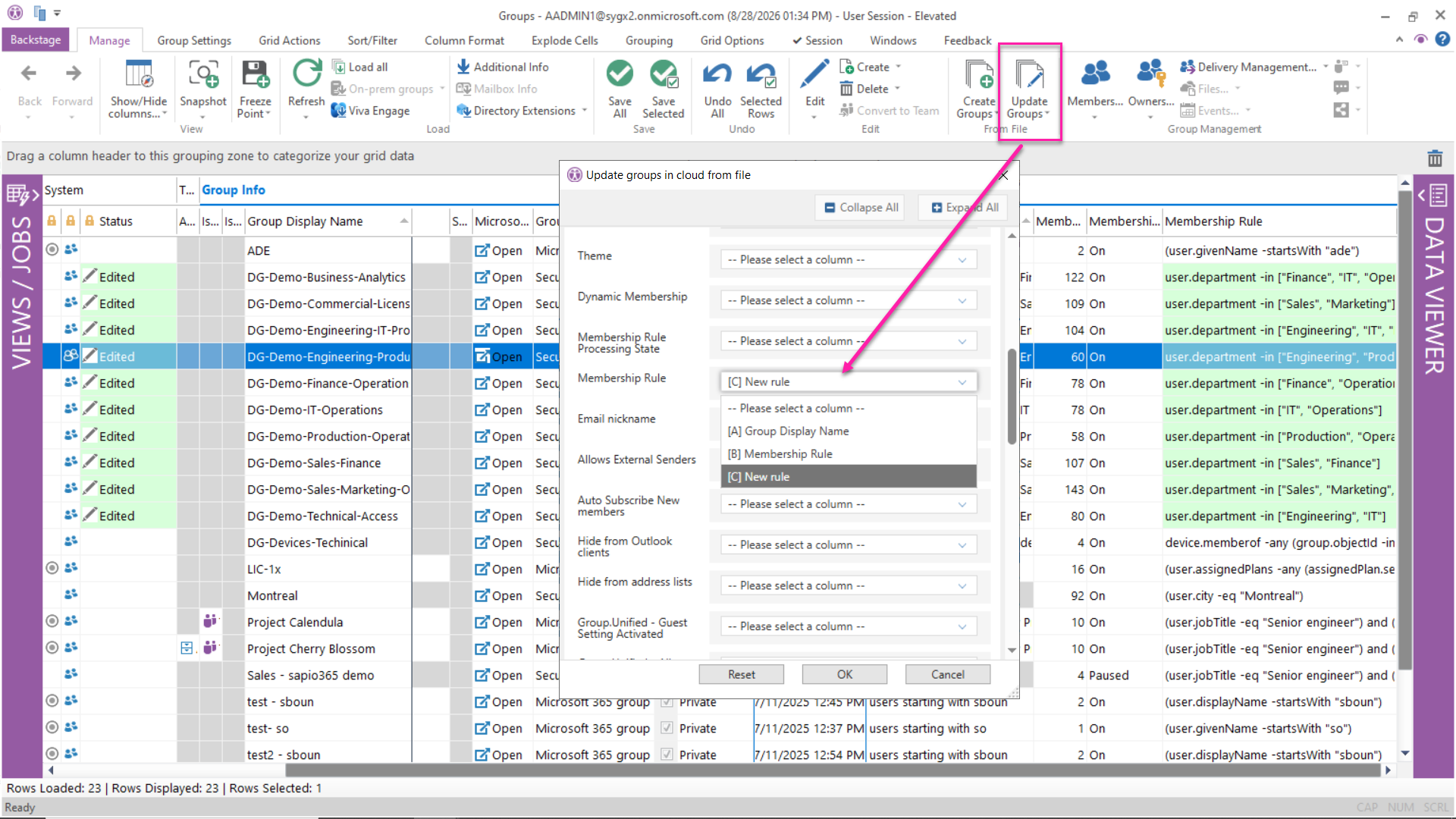 Previewing bulk updates to Entra dynamic group membership rules in sapio365 before applying the changes.