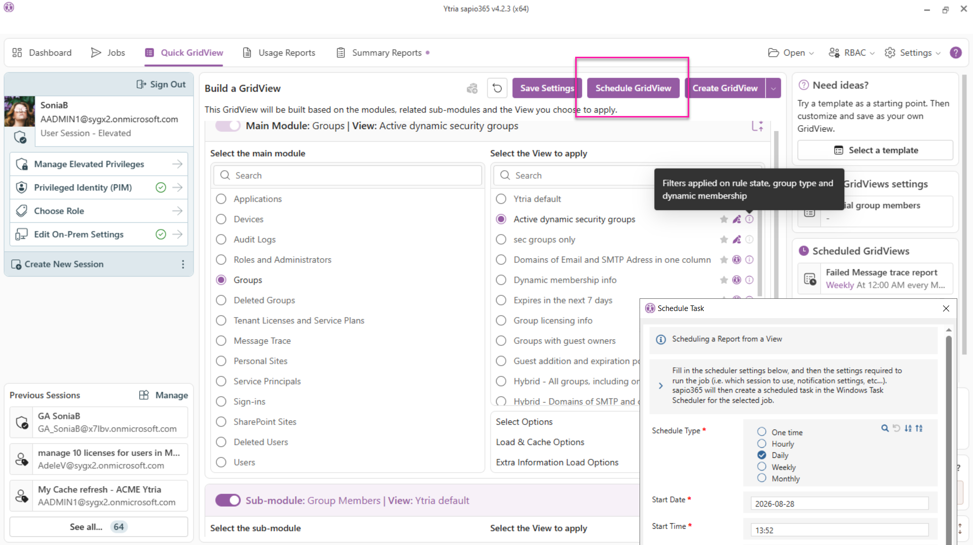 Scheduling a recurring custom dynamic group members report in sapio365.